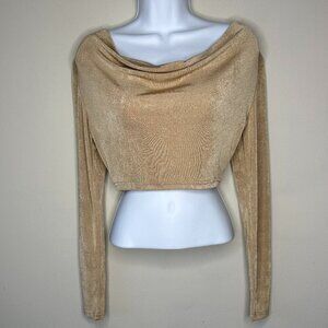 NWT Cider Womens Cropped Long Sleeve Draped Front Top in Tan Size XS